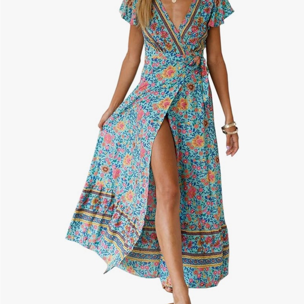 Floral Wrap Maxi Dress in Blue and Pink